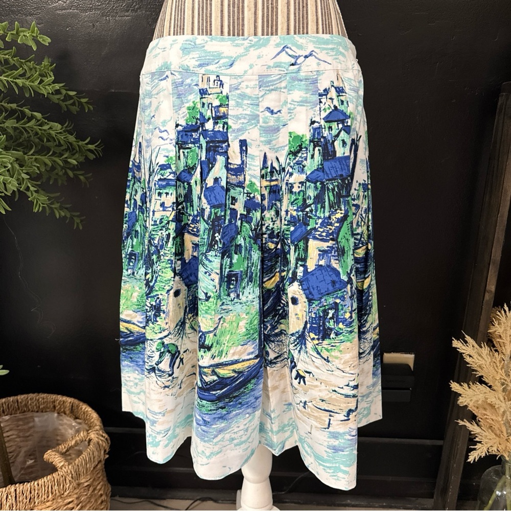 Talbots Pleated Skirt Venice Italy Canal Boat Scene Zip Side Women's Size 10P